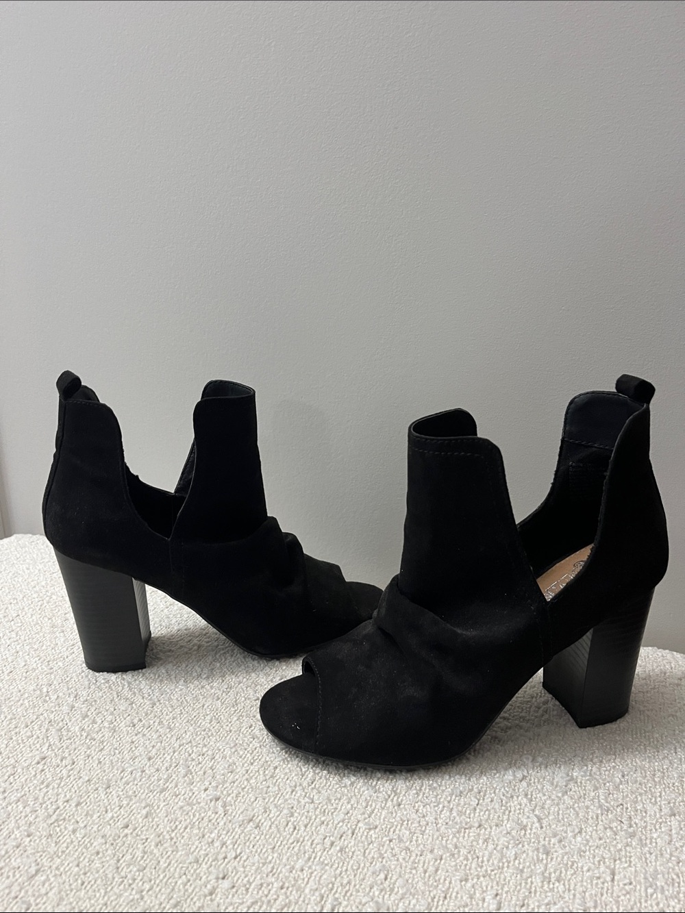 Black Suede Peep-Toe Block Heel Ankle Boots
